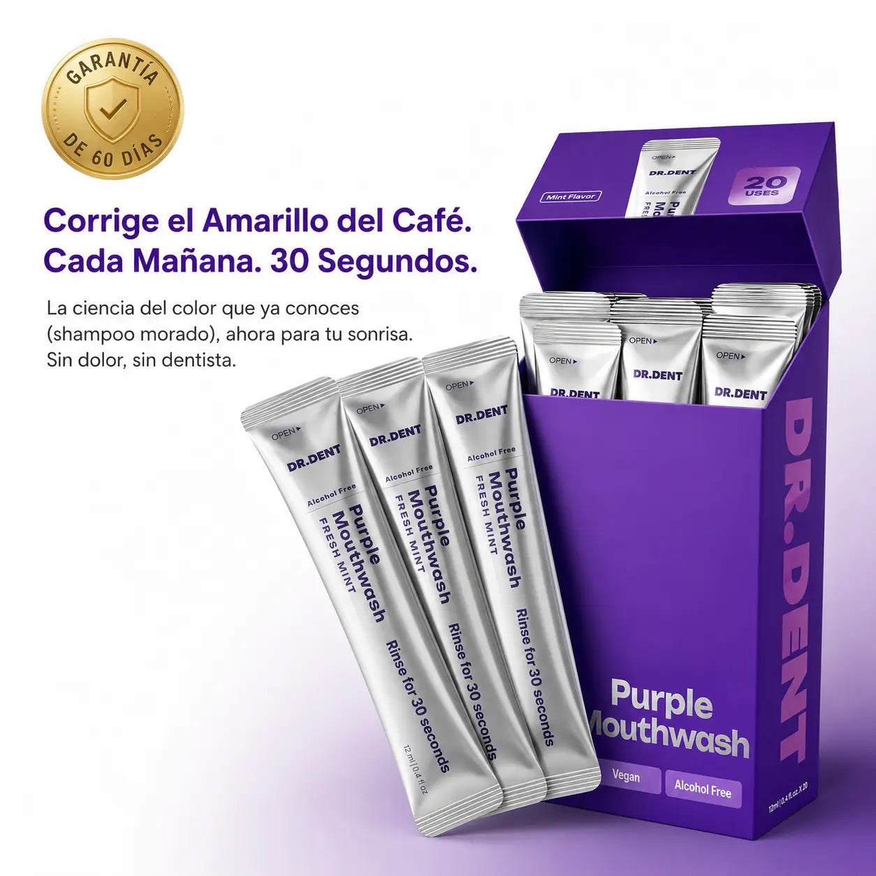 DR.DENT Purple Mouthwash Quita el Amarillo del Café de tus Dientes