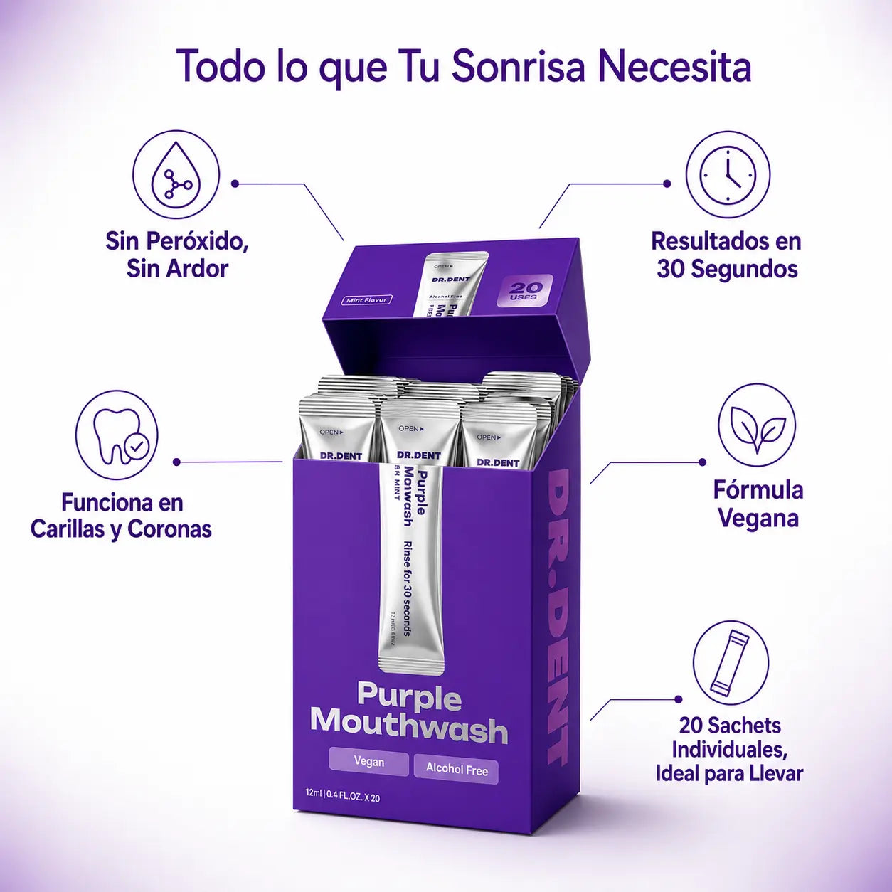 DR.DENT Purple Mouthwash Quita el Amarillo del Café de tus Dientes